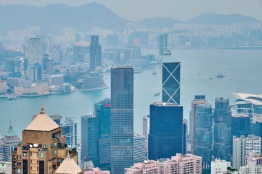 Cityscape. View of skyscrapers and Victoria Harbor from Victoria Peak in Hong Kong