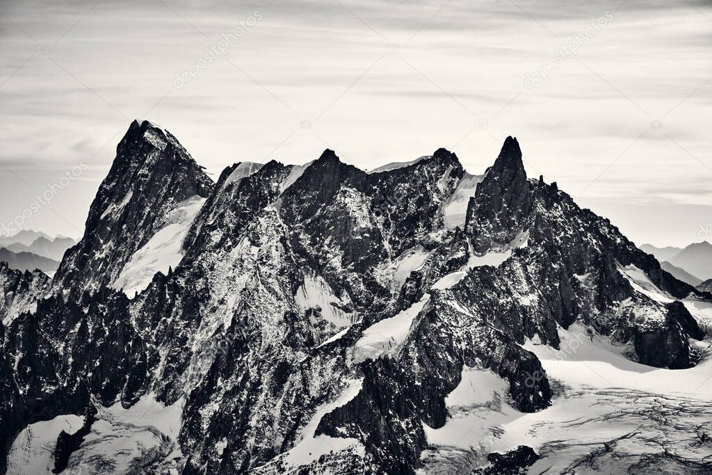 Black and white mountain landscape of the Mont Blanc massif in the Alps. Chamonix, France.