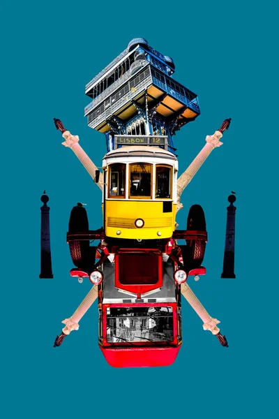 Araba Tramvay Sütunlardan Oluşan Modern Sanat Kolajı — Stok fotoğraf