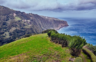 Uçurum ve Atlantik Okyanusu 'nun deniz manzarası. Sao Miguel Adası. Azores, Portekiz.
