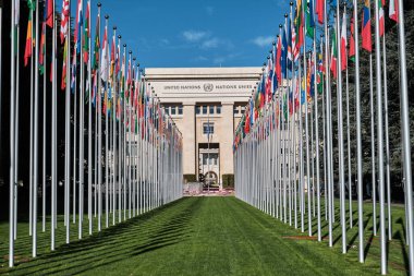 İsviçre, Cenevre - 11 Ekim 2019: Birleşmiş Milletler (BM) uluslararası barış ve güvenliği sürdürmeyi amaçlayan hükümetler arası bir örgüt..