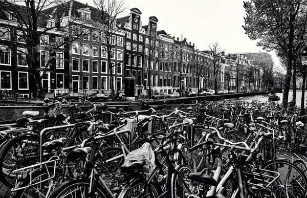 Muchas Bicicletas Estacionamiento Junto Canal Amsterdam Paisaje Urbano Blanco Negro — Foto de Stock