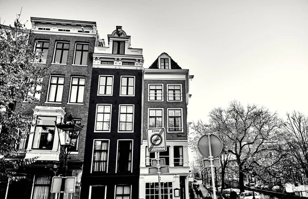 Edifícios Clássicos Amesterdão Preto Branco — Fotografia de Stock