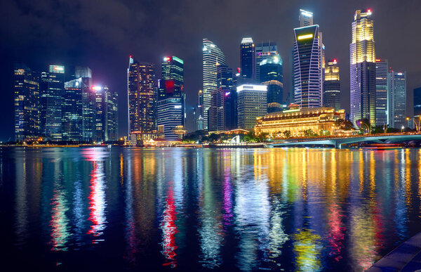 View of the central business district at night in Singapore