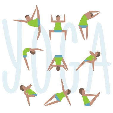 Yoga egzersizleri. Çizgi film yoga simge yoga sınıfı, Merkezi, studio, poster ve diğer tasarım için iyi ayarla. Kroki kız geleneksel Yoga ile poz veriyor. Yoga asans koleksiyonu şık vektör resimli.