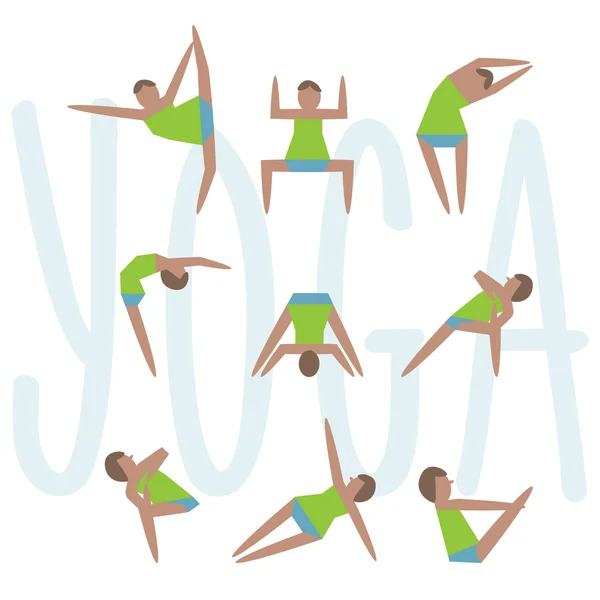 Exercices de yoga. Icône de dessin animé yoga ensemble bon pour le cours de yoga, centre, studio, affiche et autre design. Esquisse avec une fille dans des poses de yoga traditionnelles. Élégante collection d'asans yoga illustré vectoriel . — Image vectorielle