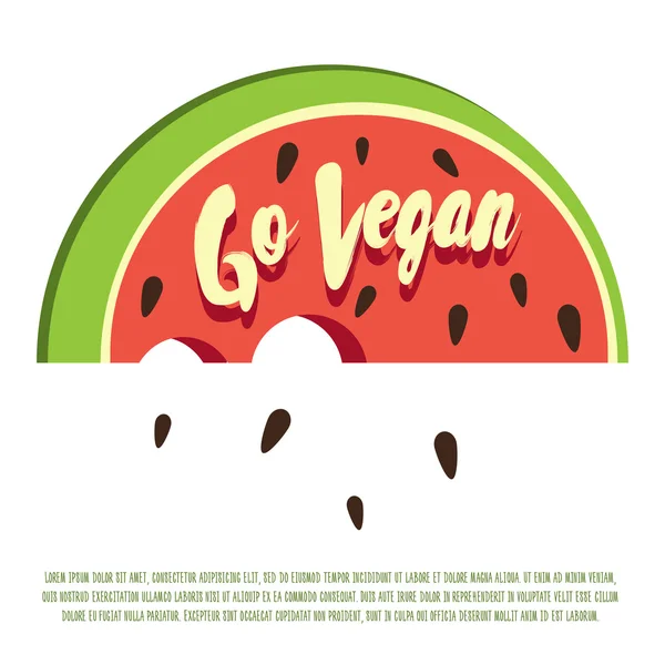 Ga vegan! Decoratieve vector poster sjabloon met cartoon watermeloen en hand getekende letters. — Stockvector