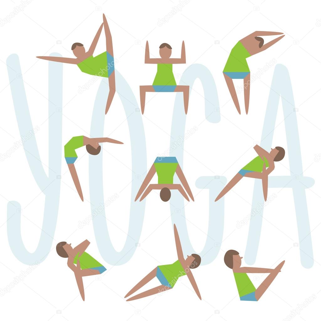 Yoga exercises. Cartoon yoga icon set good for yoga class, center, studio, poster and other design. Sketch with girl in traditional yoga poses. Stylish vector illustrated yoga asans collection.