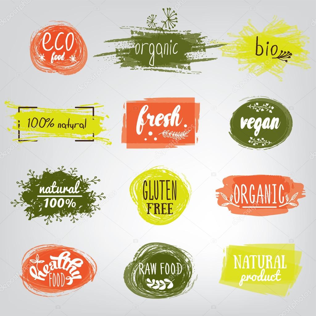 Labels with vegetarian and raw food diet designs. Organic food tags and elements set for meal and drink,cafe, restaurants and organic products packaging.Vector illustrated bio detox logo.