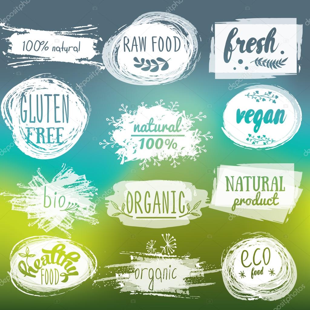 Labels with vegetarian and raw food diet designs. Organic food tags and elements set for meal and drink,cafe, restaurants and organic products packaging.Vector illustrated bio detox logo.
