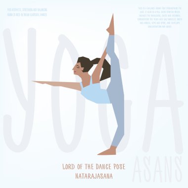 Lord of Dance (Natarajasana) asana. Yoga egzersizleri, iyi yoga stüdyosu, yoga sınıfı, yoga merkezi için kızla resimli poster şablonu vektör.