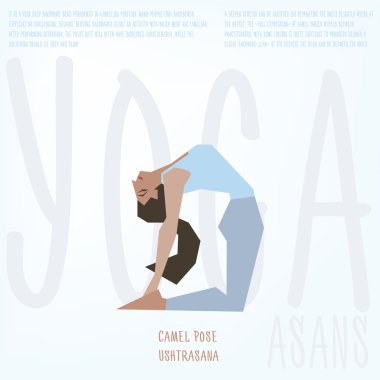 Deve poz (Ushtrasana) asana. Yoga egzersizleri, iyi yoga stüdyosu, yoga sınıfı, yoga merkezi için kızla resimli poster şablonu vektör.