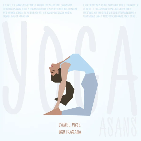 Pose de chameau (Ushtrasana) asana. Modèle d'affiche illustré vectoriel avec fille faisant des exercices de yoga, bon pour studio de yoga, cours de yoga, centre de yoga . — Image vectorielle