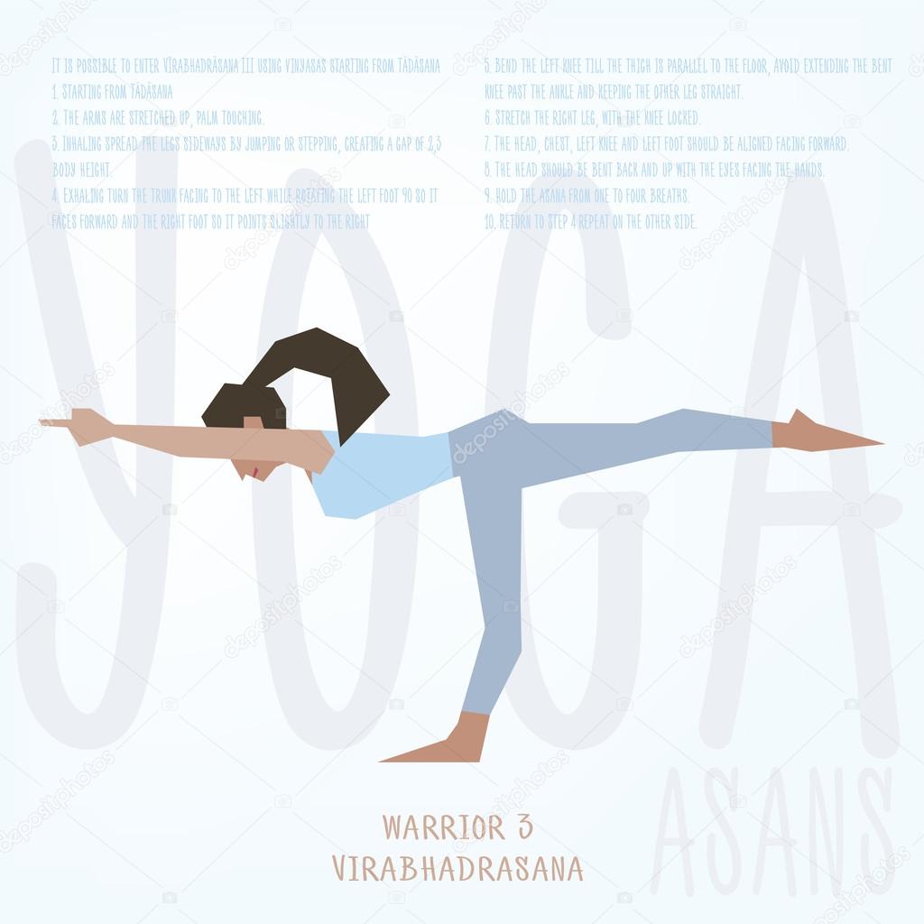 Warrior 3 (Virabhadrasana III) asana. Vector illustrated poster template with girl doing yoga exercises, good for yoga studio, yoga class, yoga center.