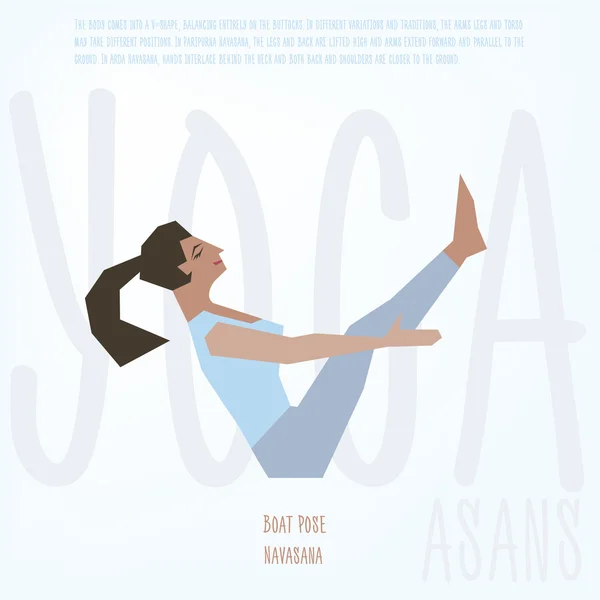 Barco Pose (Navasana) asana. Plantilla de póster ilustrado vectorial con chica haciendo ejercicios de yoga, bueno para estudio de yoga, clase de yoga, centro de yoga . — Vector de stock