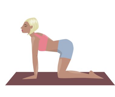 İnek poz asana. Yoga egzersizleri, iyi yoga stüdyosu, yoga sınıfı, yoga merkezi için kızla resimli poster şablonu vektör.