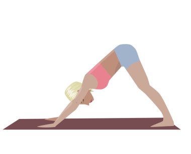 Aşağı doğru köpek poz asana karşı karşıya. Yoga egzersizleri, iyi yoga stüdyosu, yoga sınıfı, yoga merkezi için kızla resimli poster şablonu vektör.