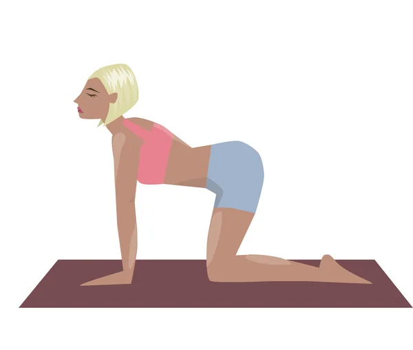 Vaca posar asana. Modelo de cartaz ilustrado vetorial com menina fazendo exercícios de ioga, bom para estúdio de ioga, aula de ioga, centro de ioga . — Vetor de Stock
