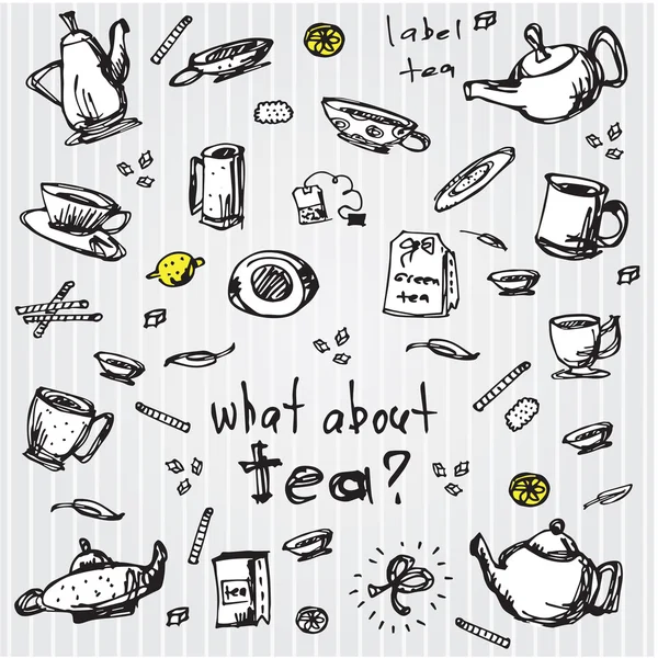 Ensemble de thé vectoriel éléments. illustration dessinée à la main. théières tasses et collection de desserts — Image vectorielle