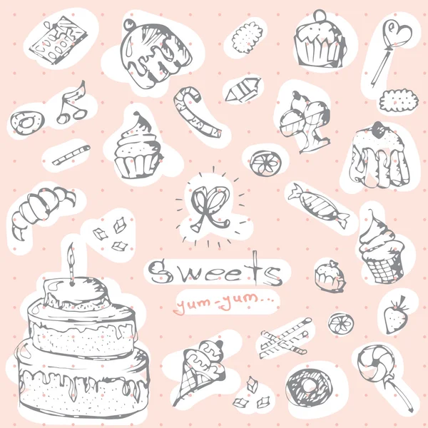 Afbeeldingenset van snoepjes. Decoratieve hand getekend dessert collectie EPS-10 vector — Stockvector