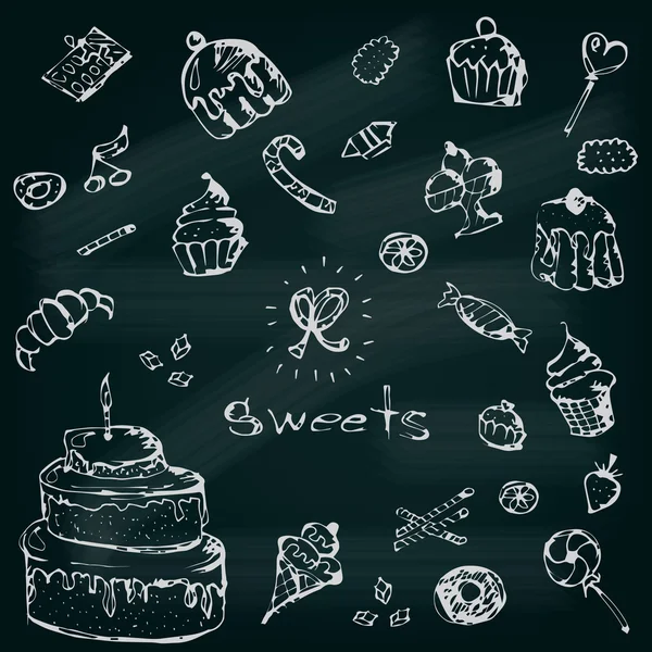 Set grafico vettoriale di dolci. Collezione di delicios decorativi disegnati a mano. EPS 10 Vettore — Vettoriale Stock