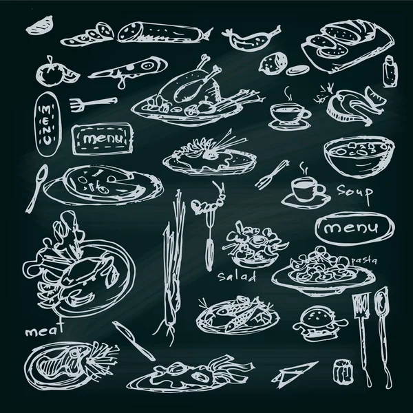 Juego de bocetos de comida. Colección de menú de restaurante dibujado a mano decorativo. EPS 10 Vector — Archivo Imágenes Vectoriales