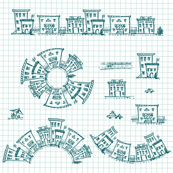 Conjunto de casas dibujadas a mano.Diferentes cepillos de construcción de la colección. Vector EPS — Archivo Imágenes Vectoriales