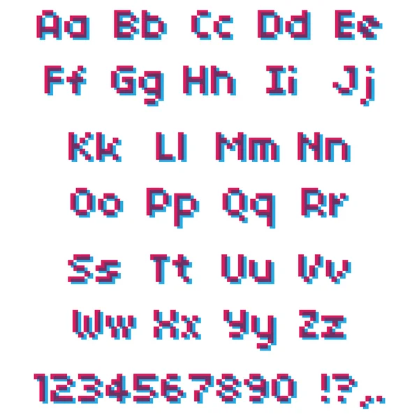 Alphabet vectoriel de pixels. Lettres et chiffres roses et bleus . — Image vectorielle