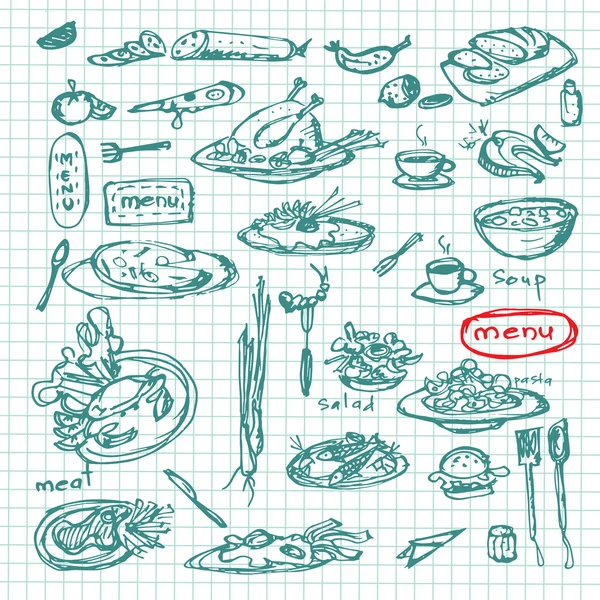 Maaltijd schets set. Decoratieve hand getekend restaurant menu collectie. EPS Vector — Stockvector