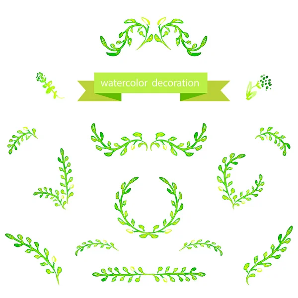 Watercolor green design elements. Brushes, borders, wreath. EPS Vector — Stock Vector