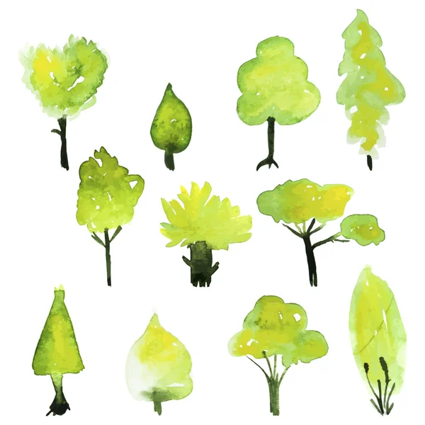 Eco conjunto de aquarela árvores verdes. Coleção de árvore de primavera ilustrada vetorial — Vetor de Stock