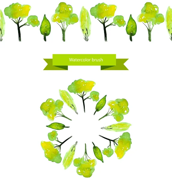 Cepillo de árbol de primavera ilustrado vectorial. Acuarelas verdes árboles — Archivo Imágenes Vectoriales