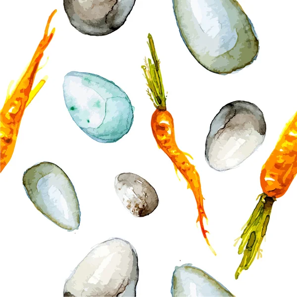 无缝的复活节模式用鸡蛋和胡萝卜。水彩背景。矢量插图 — 图库矢量图片
