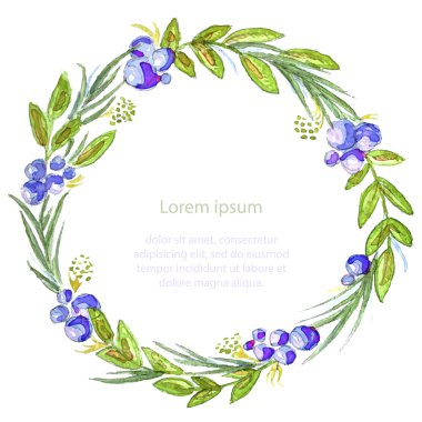 Sulu Boya resimde düğün davetiye kartı yeşil yaprakları ve yaban mersini ile. Vektör