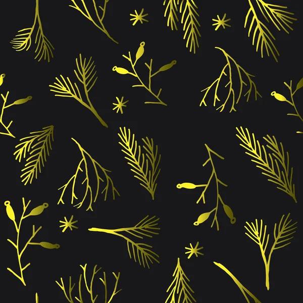 Seamless golden vector graphics pattern. Tile Christmas background with pine-tree. Merry Christmas! — Stock vektor