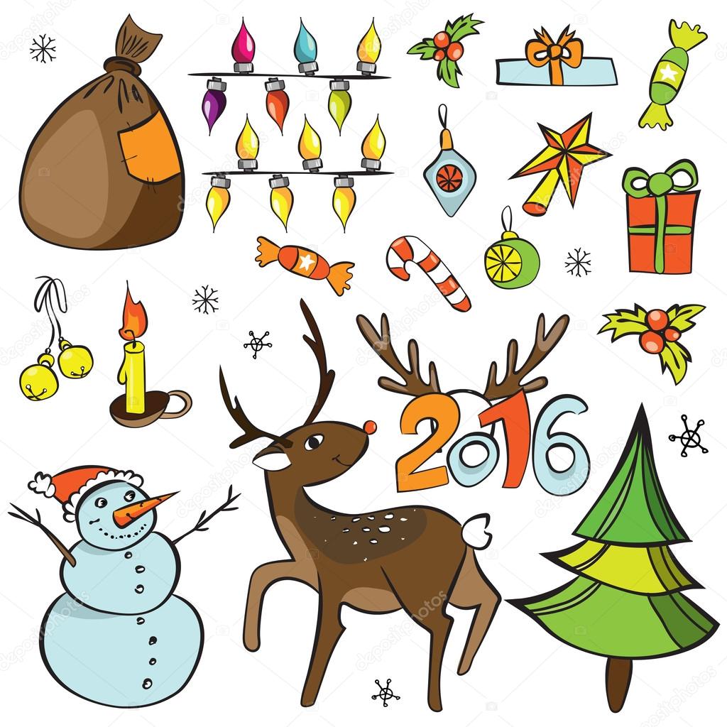 Christmas decorations set. Vector icons. Design elements collection. Cartoon  objects. Snowmen,deer, pine tree,holly berry, gifts, garlands, sweets on white Merry Christmas and Happy New 2016 Year!