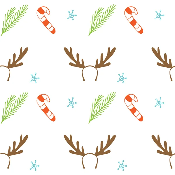 Seamless vector Christmas texture. Seamless backdrop with pine tree, candy cane, deer horns and snowflakes. Simple style pattern background with Christmas decoration elements. — 图库矢量图片