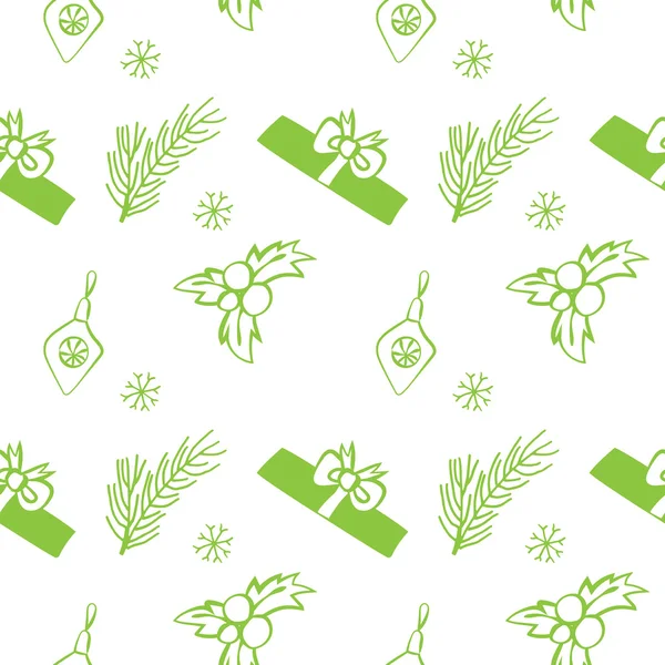 Vector sin costuras textura navideña. Fondo sin costuras con pino, caja de regalo, decoración de Navidad, baya de acebo, copos de nieve. Fondo de patrón de estilo simple con elementos de decoración de Navidad . — Archivo Imágenes Vectoriales