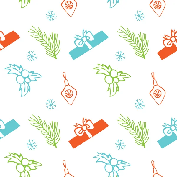 Seamless vector Christmas texture. Seamless backdrop with pine tree, gift box, christmas decoration, holly berry, snowflakes. Simple style pattern background with Christmas decoration elements. — Stok Vektör