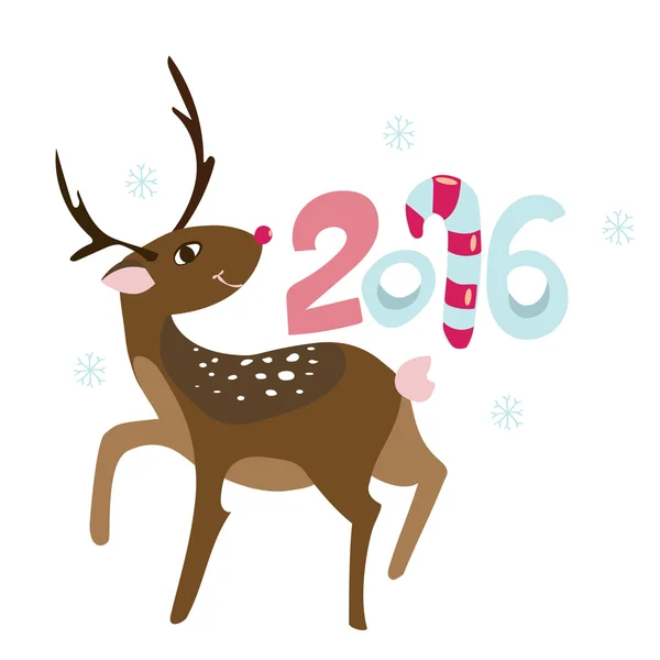 Happy New 2016 year poster template. Stulish greeting card background. Pink and blue decorative holiday backdrop. New Years invitation with happy Rudolph deer. Vector Christmas design