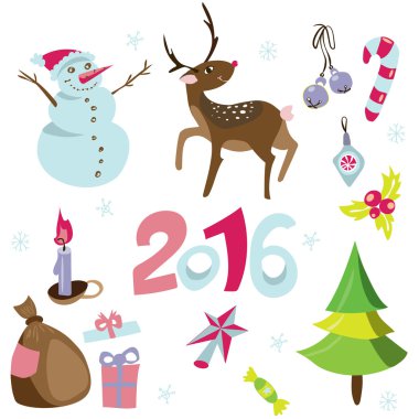 Christmas elements set. Vector icons. Design elements collection. Cartoon objects. Snowmen,deer, pine tree,holly berry, gifts, garlands, sweets on white Merry Christmas and Happy New 2016 Year!