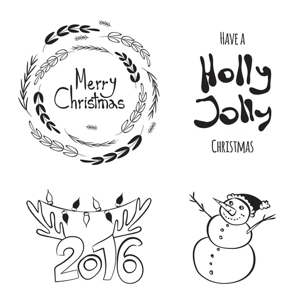 Set grafischer Weihnachtsanhänger mit Kranz, Hirschhörnern, Schneemann und handgezeichneten Buchstaben — Stockvektor