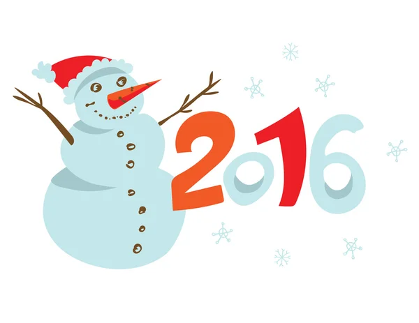 С Новым 2016 годом шаблон плаката. Глупый фон поздравительной открытки. Розовый и синий декоративный праздничный фон. Новогоднее приглашение со счастливым снеговиком. Векторный дизайн — стоковый вектор