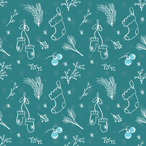 Seamless Christmas pattern. Tile vector background. Botanical winter wallpaper with mittens and socks. Blue wrapping paper texture — Stockový vektor