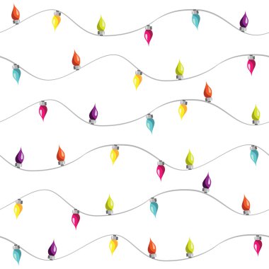 Christmas tile background with electric lamp garland. Seamless New Years party pattern. Decorative warping paper with glowing bulbs garland. Vector illustrated holiday backdrop