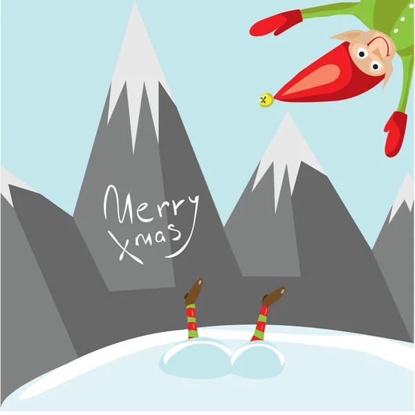 Weinig Santa helpers wensen u een vrolijk kerstfeest. Vector geïllustreerd wenskaart. Decoratieve poster sjabloon met weinig elfs. Vakantie uitnodiging. Nieuwe jaar partij posterontwerp. — Stockvector