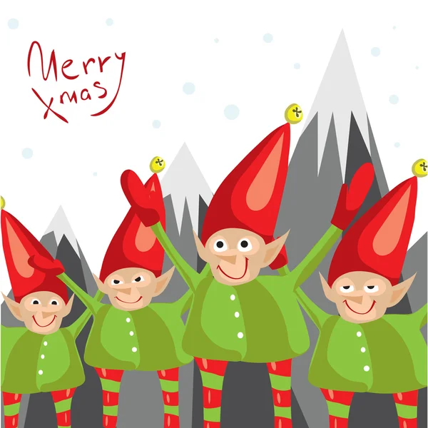 Kis Santa segítők kívánok boldog karácsonyt. Vektor illusztrált üdvözlőlap. Dekoratív reklámplakát kis elfs. Holiday meghívó. Új év party poszter design. — Stock Vector