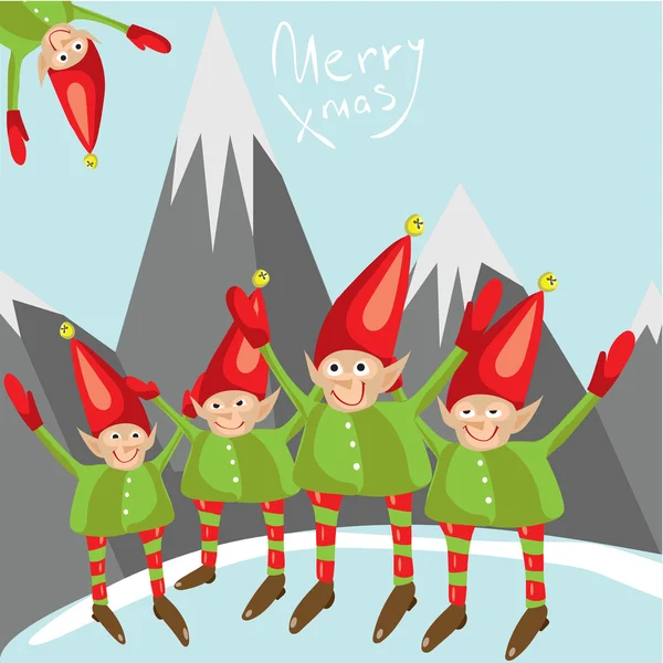 Kis Santa segítők kívánok boldog karácsonyt. Vektor illusztrált üdvözlőlap. Dekoratív reklámplakát kis elfs. Holiday meghívó. Új év party poszter design. — Stock Vector