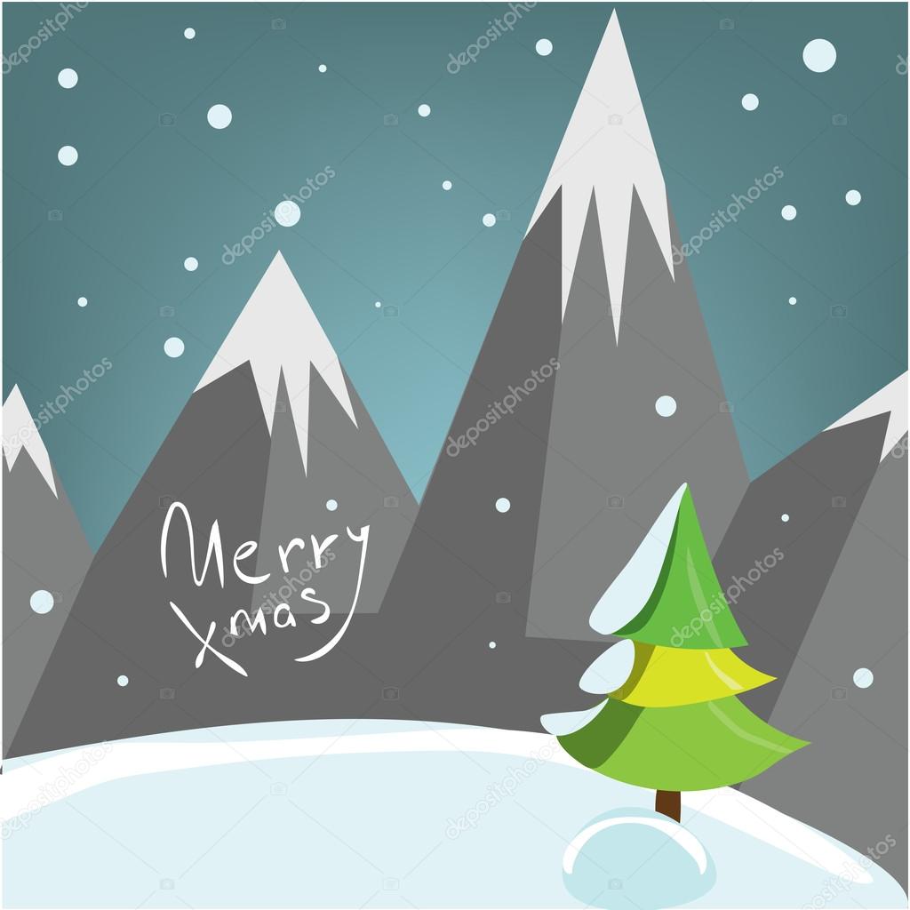 Decorative Christmas greeting card with mountains pine tree and snow. Winter design, Vector illustrated party poster. Envelopment. Background. Post card