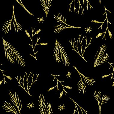 Shiny gold sparkles seamless Christmas pattern. Tile vector background. Winter wallpaper. Wrapping paper texture. Repeating sparkle glitter floral holiday backdrop with pine tree berries and twigs